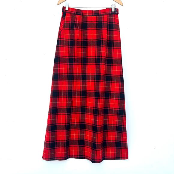 Vintage Pendleton Red Tartan Plaid Wool Maxi Skirt Red 1980s A-Line Size 14 - Picture 2 of 7